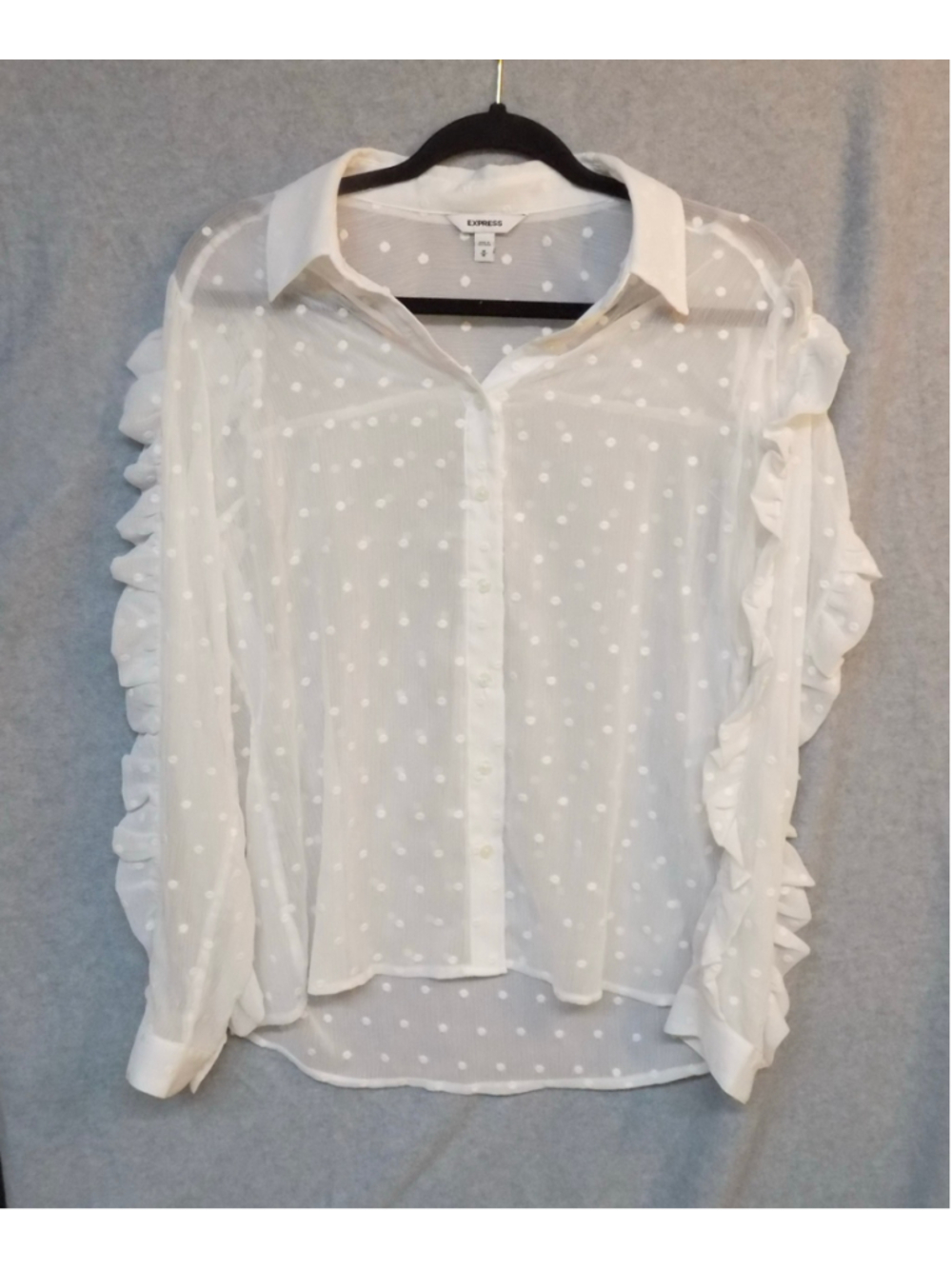 Women's Express White Polka Dot Ruffle Blouse Size M